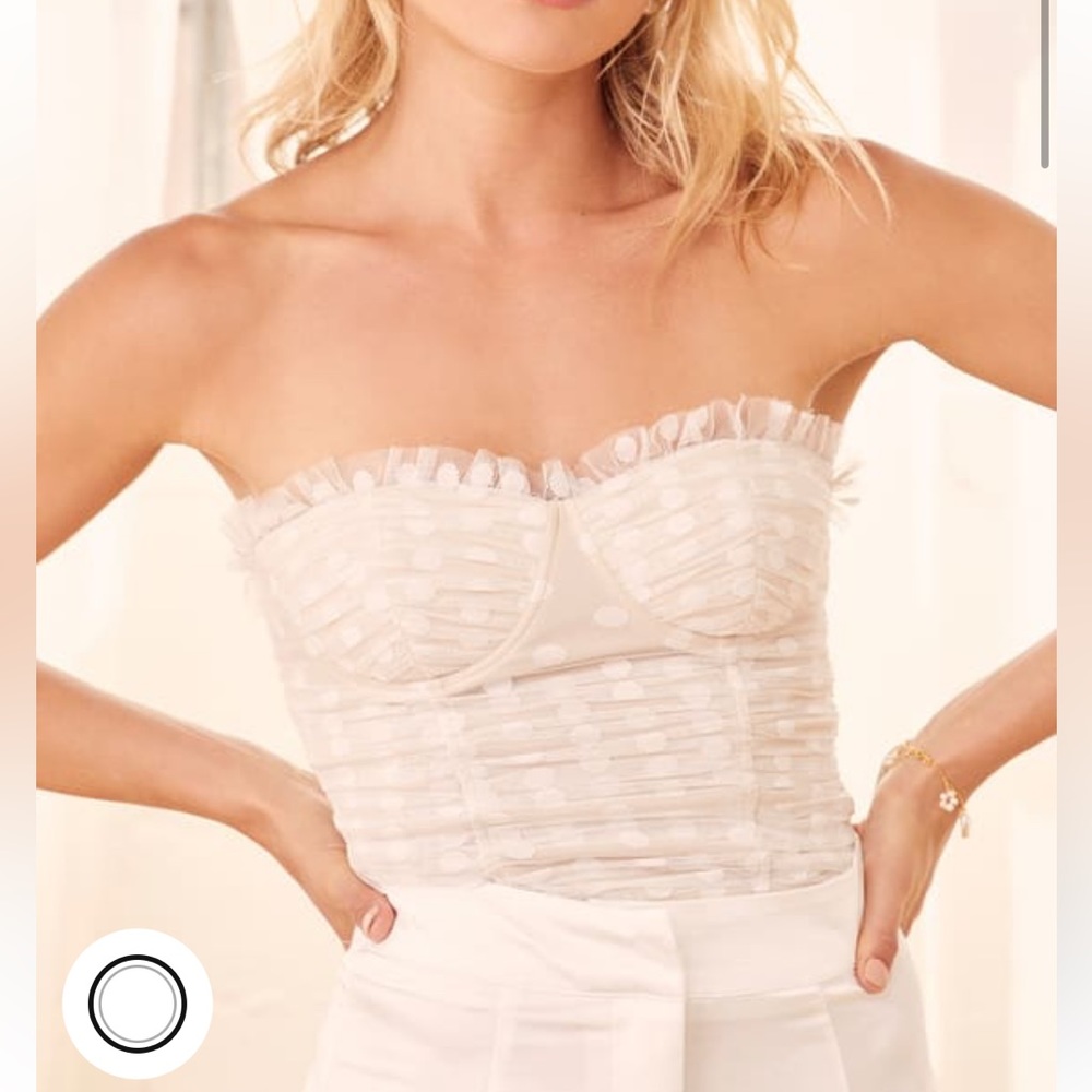 In the spotlight white and beige polka dot mesh bustier crop top - Lulus